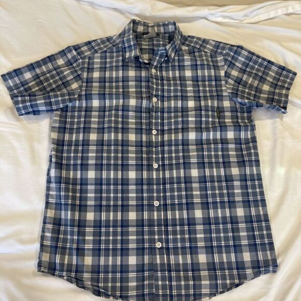 Columbia Shirt Mens Medium Blue Plaid Button Down Short Sleeve - Picture 1 of 9